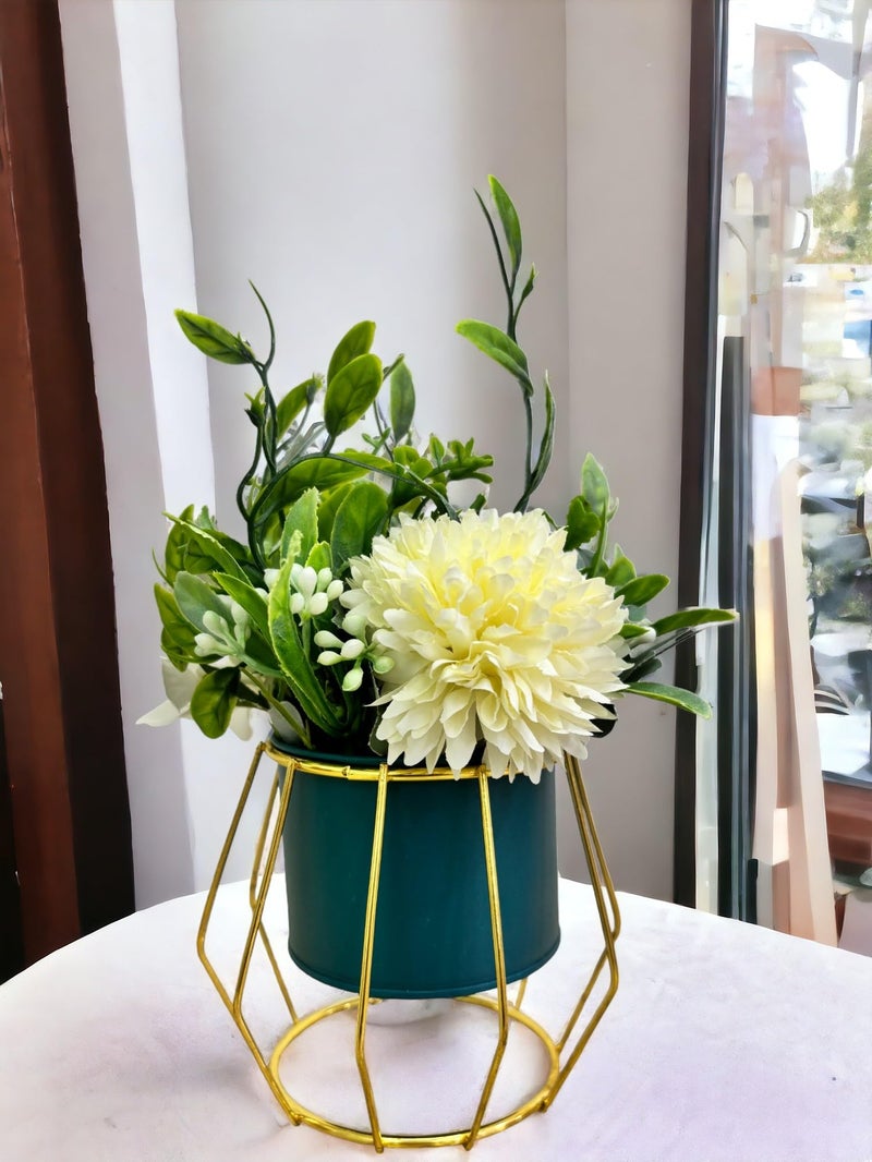 HOME ELEMENTS Tabletop Artificial Flowers in Metal Frame Vase Room Decor Centre Table Showpiece Artificial Flower Pots for Living Room Office New Home Decoration Gift-Roses & Pom-Pom Flower(11.5x20cm) - Image 1