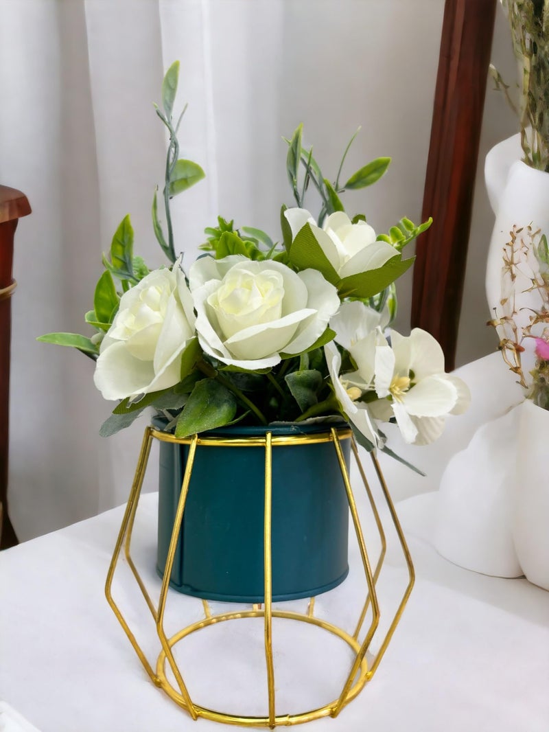 HOME ELEMENTS Tabletop Artificial Flowers in Metal Frame Vase Room Decor Centre Table Showpiece Artificial Flower Pots for Living Room Office New Home Decoration Gift-Roses & Pom-Pom Flower(11.5x20cm) - Image 2