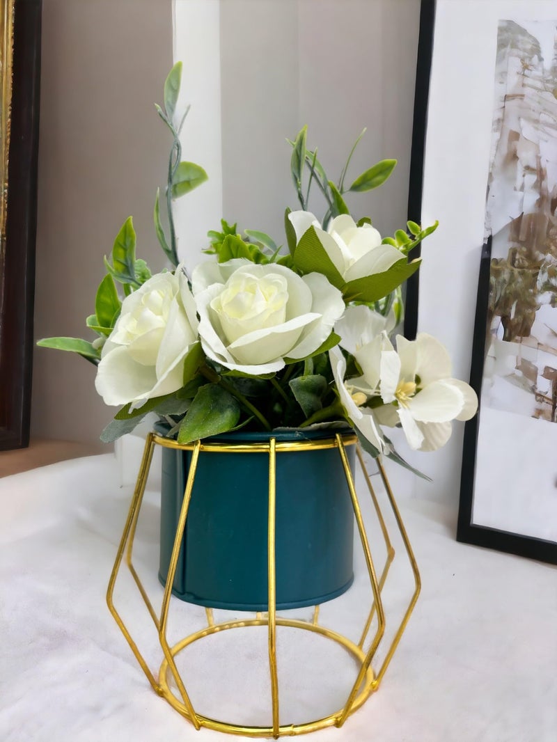 HOME ELEMENTS Tabletop Artificial Flowers in Metal Frame Vase Room Decor Centre Table Showpiece Artificial Flower Pots for Living Room Office New Home Decoration Gift-Roses & Pom-Pom Flower(11.5x20cm) - Image 3
