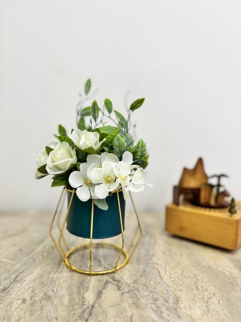 HOME ELEMENTS Tabletop Artificial Flowers in Metal Frame Vase Room Decor Centre Table Showpiece Artificial Flower Pots for Living Room Office New Home Decoration Gift-Roses & Pom-Pom Flower(11.5x20cm) - Image 4