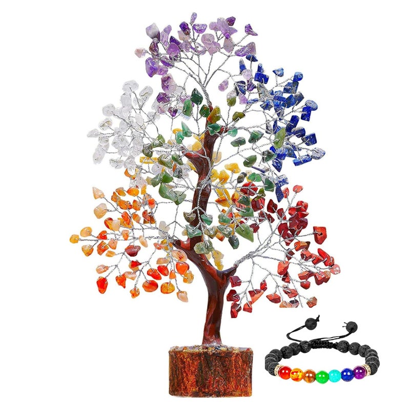 ABHISUBYA Seven Chakra Gemstone Tree Feng Shui Figurine Money Bonsai Good Luck Reiki Healing Crystals Balancing Decoration Ornament Sculpture Wealth Prosperity Table Room Decor Gift Size 1012