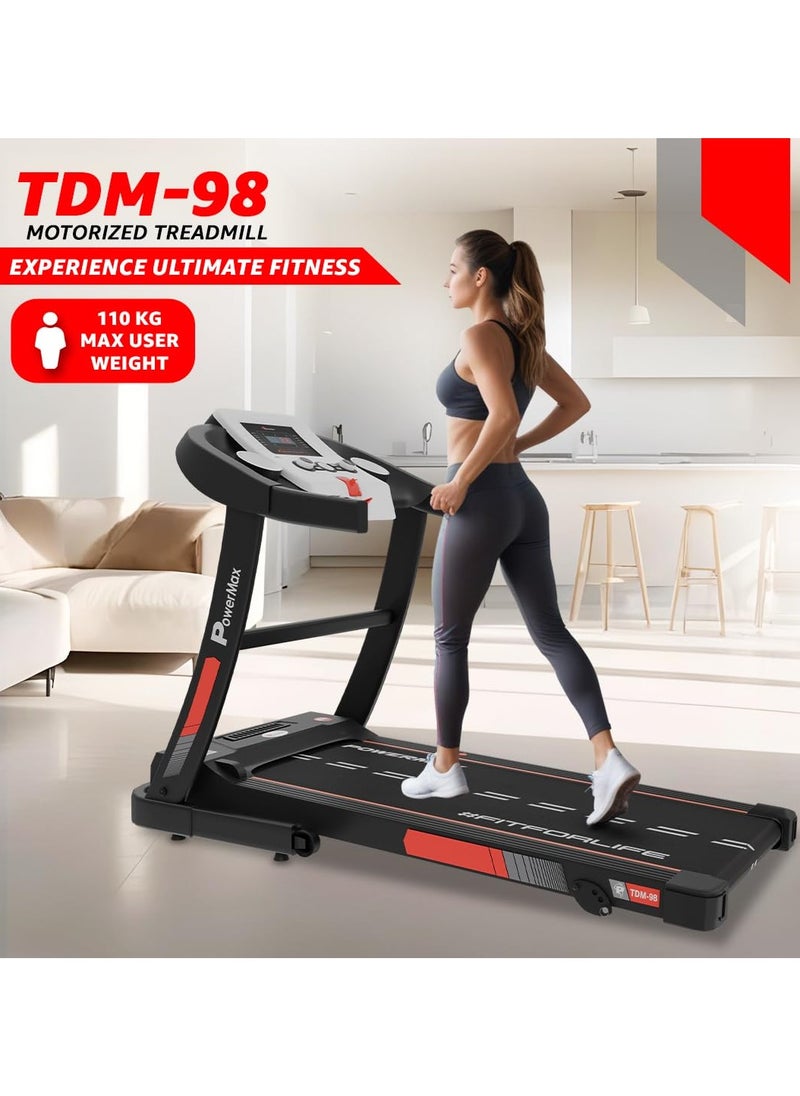 PowerMax Fitness - Fitness Tdm-98 (4.0Hp Peak) Foldable Motorized Treadmill For Home 110 Kg Weight, Max Speed-12Kmph, Preset Programs, Hr Sensors, Aux With Volume +/- Keys For Inbuilt Speaker, Usb, Led Display - Image 1