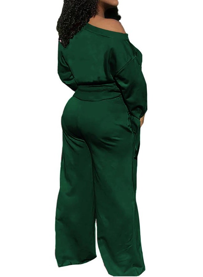 sexycherry Casual 2 Piece Outfits for Women Long Sleeve Sweatsuit Jogging Straight Long Pants Sets with Pockets, Dark Green, XL - Image 3