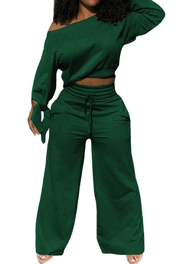 sexycherry Casual 2 Piece Outfits for Women Long Sleeve Sweatsuit Jogging Straight Long Pants Sets with Pockets, Dark Green, XL - Image 2