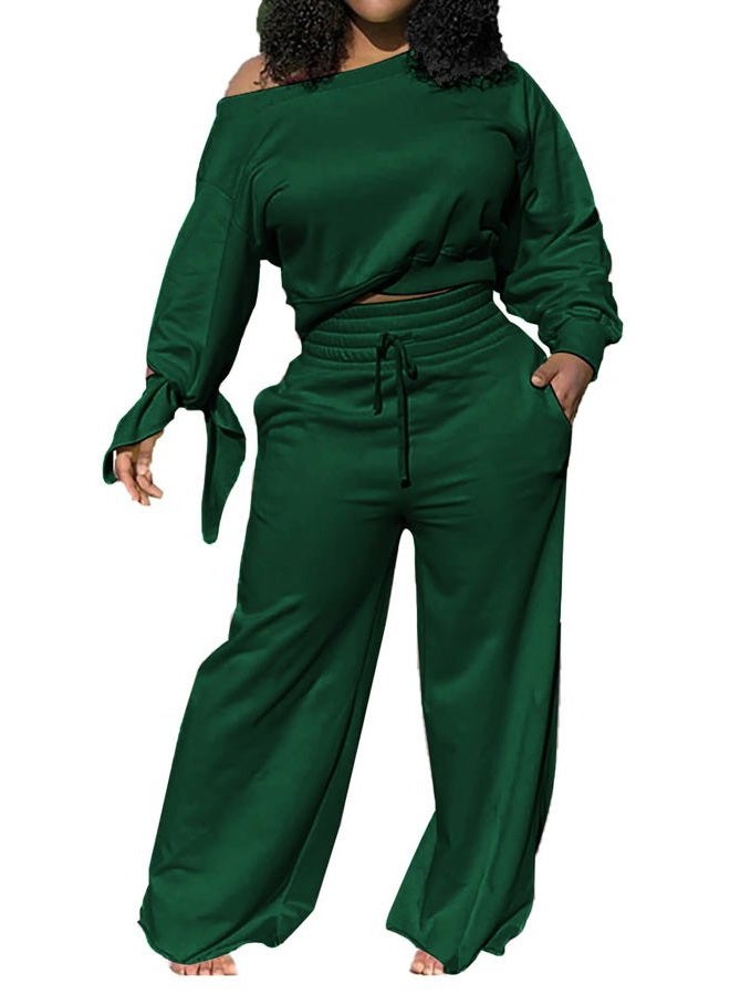 sexycherry Casual 2 Piece Outfits for Women Long Sleeve Sweatsuit Jogging Straight Long Pants Sets with Pockets, Dark Green, XL - Image 1
