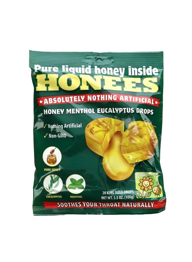 Honees Honey Menthol Eucalyptus Drops 20 King Sized Drops 3.5 oz 100 g - Image 1