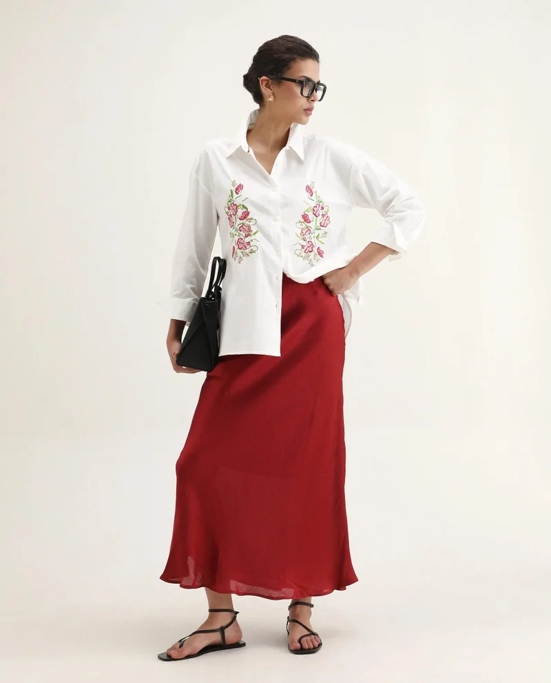 Rareism Women's Solid Floral Embroidered Shirt
