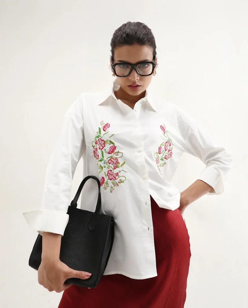 Rareism Women's Solid Floral Embroidered Shirt