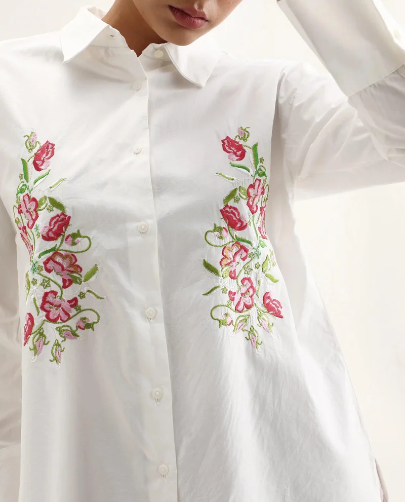 Rareism Women's Solid Floral Embroidered Shirt