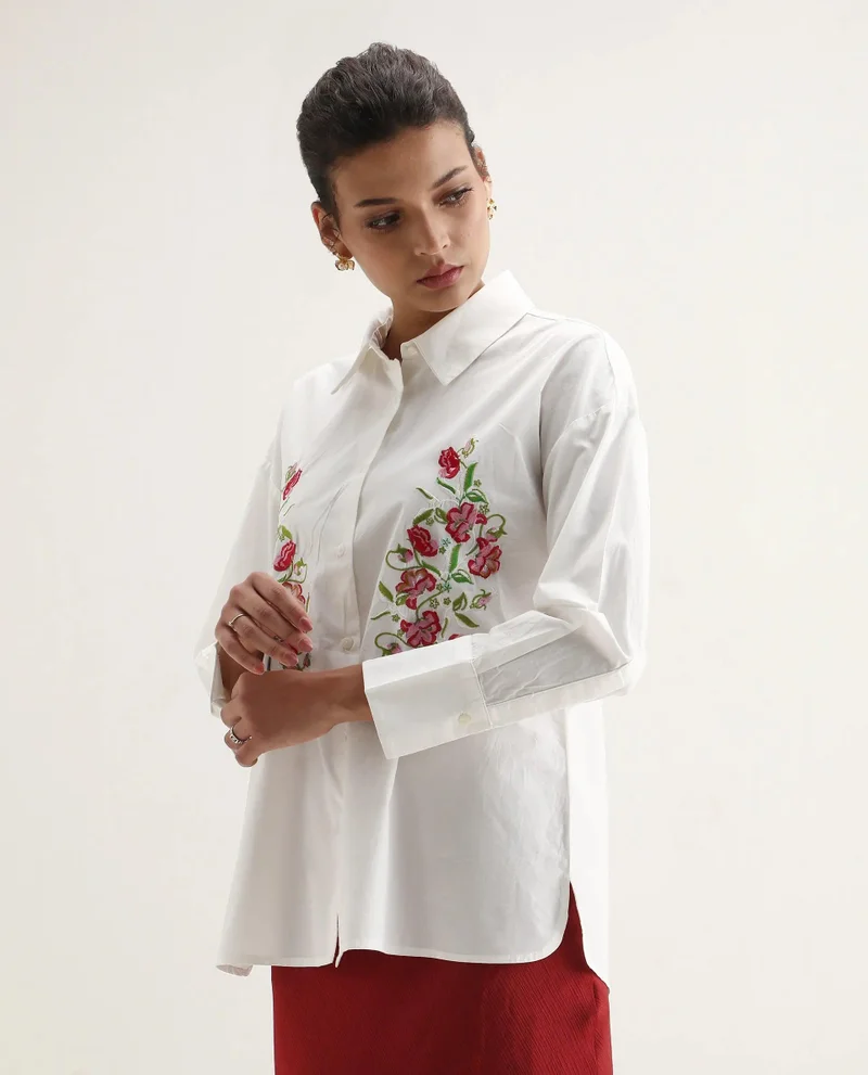 Rareism Women's Solid Floral Embroidered Shirt