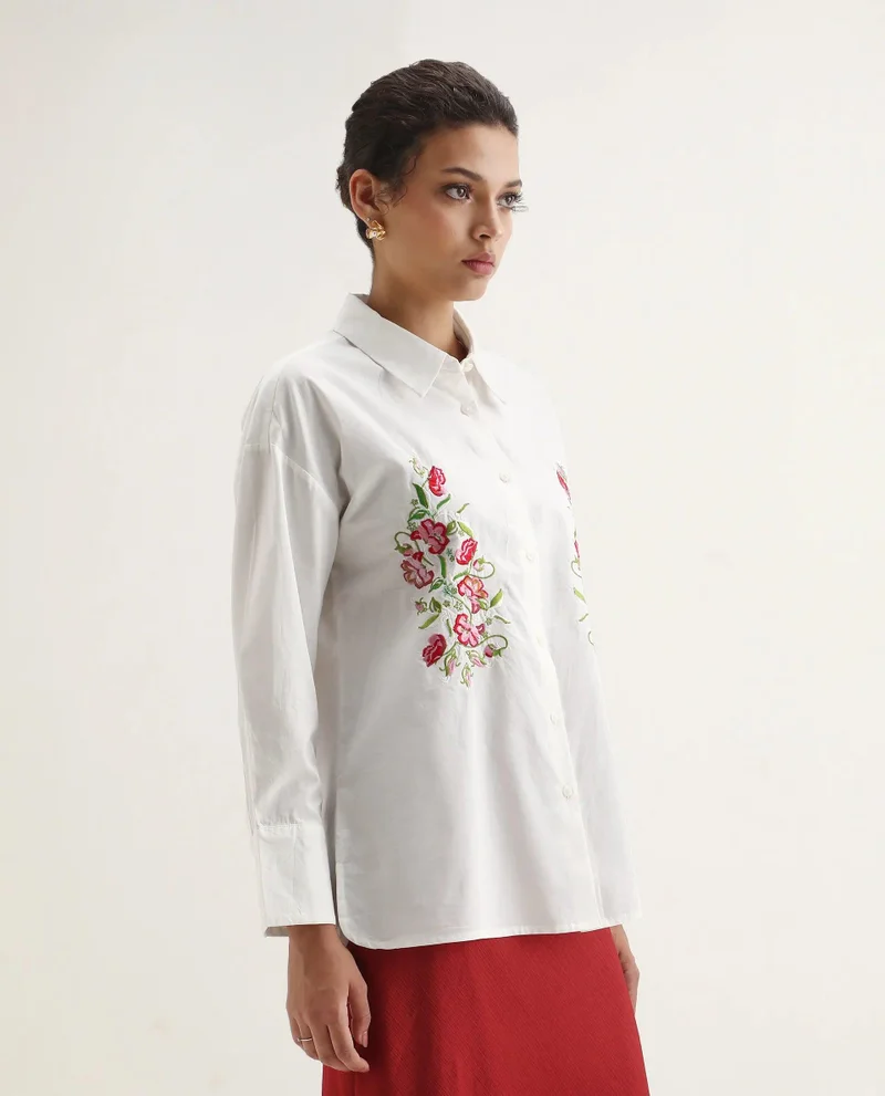 Rareism Women's Solid Floral Embroidered Shirt