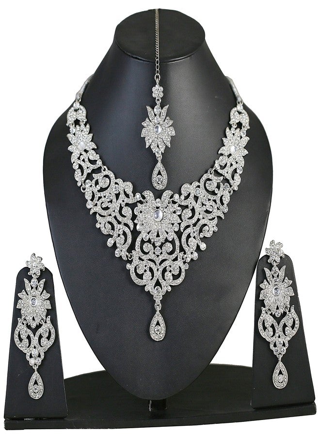 Touchstone Indian Bollywood Traditional Royal Look Attractive Filigree Carving White Rhinestone Grand Bridal Designer Jewelry Necklace Set for Women in Silver Tone - Image 2