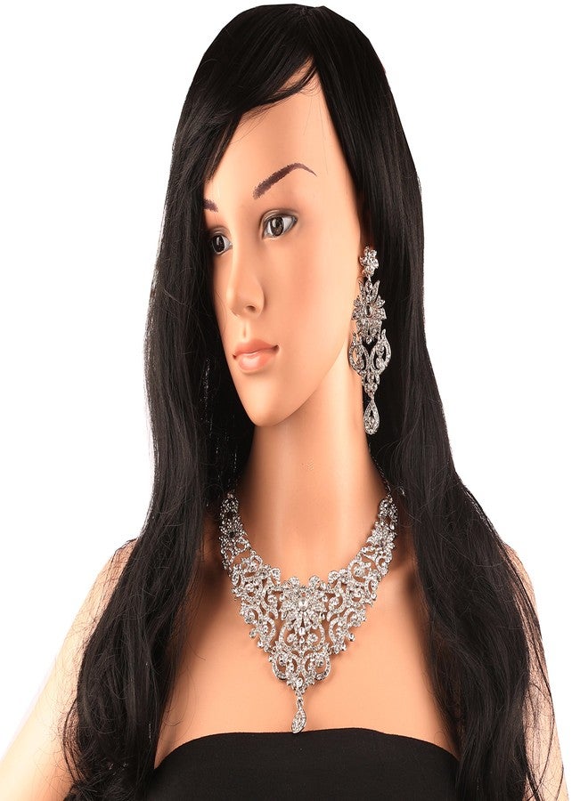 Touchstone Indian Bollywood Traditional Royal Look Attractive Filigree Carving White Rhinestone Grand Bridal Designer Jewelry Necklace Set for Women in Silver Tone - Image 4