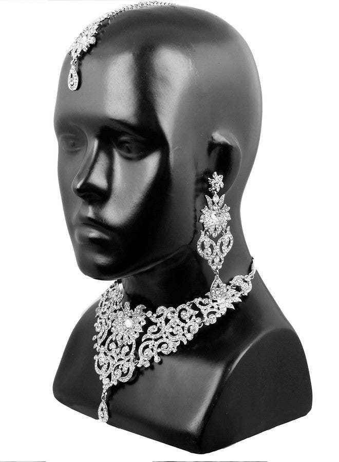 Touchstone Indian Bollywood Traditional Royal Look Attractive Filigree Carving White Rhinestone Grand Bridal Designer Jewelry Necklace Set for Women in Silver Tone - Image 3