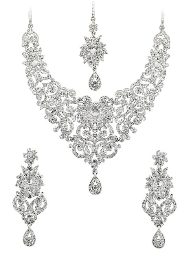 Touchstone Indian Bollywood Traditional Royal Look Attractive Filigree Carving White Rhinestone Grand Bridal Designer Jewelry Necklace Set for Women in Silver Tone - Image 1