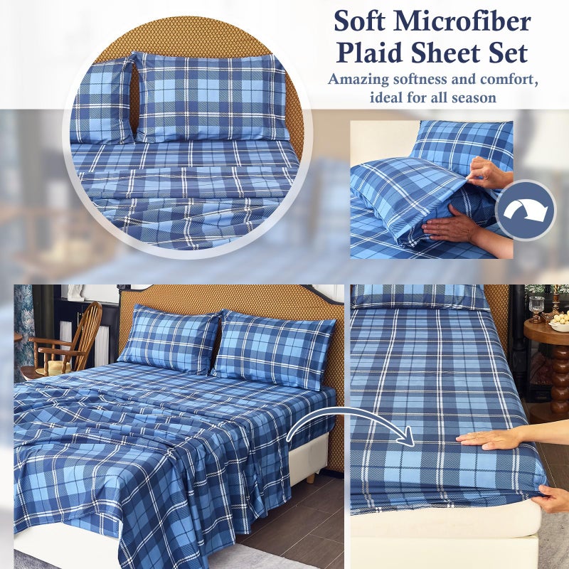 MICORAL ورقة ورقة Micoral King Platgle Plaid 4 قطع صفائح سرير مطبوعة 16 "" Deep Pocket Ultra Soft & Cooling Sheet Oeko-Tex مصدقة بلون رويال أزرق - Image 4