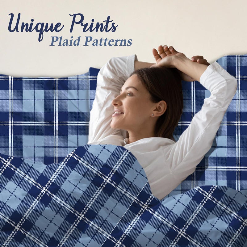 MICORAL ورقة ورقة Micoral King Platgle Plaid 4 قطع صفائح سرير مطبوعة 16 "" Deep Pocket Ultra Soft & Cooling Sheet Oeko-Tex مصدقة بلون رويال أزرق - Image 5