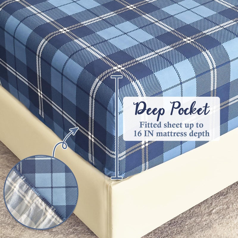 MICORAL ورقة ورقة Micoral King Platgle Plaid 4 قطع صفائح سرير مطبوعة 16 "" Deep Pocket Ultra Soft & Cooling Sheet Oeko-Tex مصدقة بلون رويال أزرق - Image 2