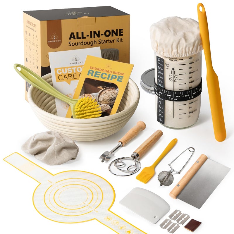 rorecay Sourdough Starter Kit, Banneton Bread Proofing Basket Set with 24oz Starter Jar, Sourdough Bread Baking Supplies with 9'' Round Banneton Baskets, Bread Making Baking Tools Gifts for Bakers - Image 1