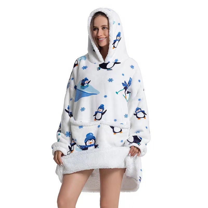 2022 Flannel Thickened Pajamas Lamb Fleece TV Blanket with Hood Cartoon Penguin Compound-Adult  - Image 1