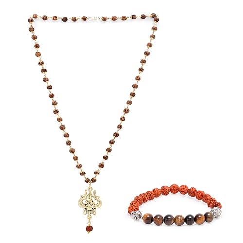 Divine Hindu Shiva Trishul Pendant Necklace 36 Rudraksha Beads & Tiger’s Eye Buddha Bracelet | Meditation, Protection, Energy, Gifting | For Men & Women - Image 1