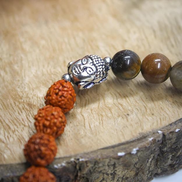 Divine Hindu Shiva Trishul Pendant Necklace 36 Rudraksha Beads & Tiger’s Eye Buddha Bracelet | Meditation, Protection, Energy, Gifting | For Men & Women - Image 5