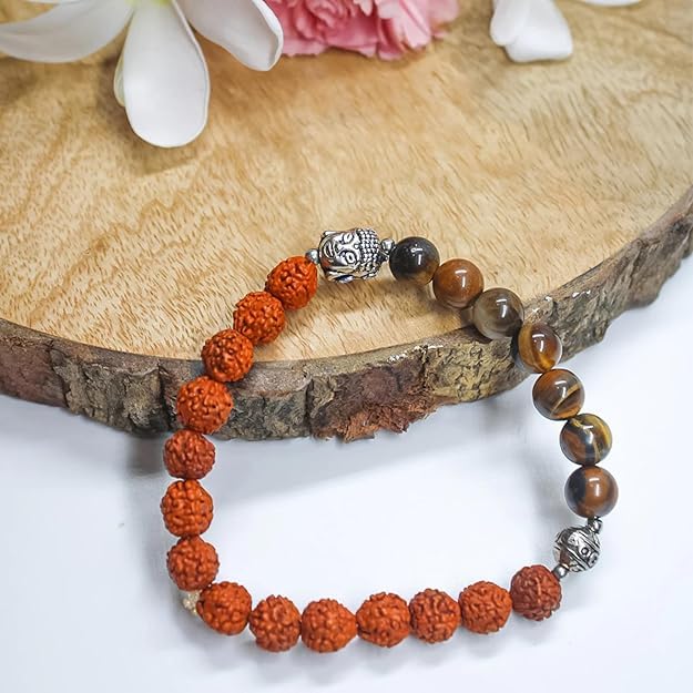 Divine Hindu Shiva Trishul Pendant Necklace 36 Rudraksha Beads & Tiger’s Eye Buddha Bracelet | Meditation, Protection, Energy, Gifting | For Men & Women - Image 3