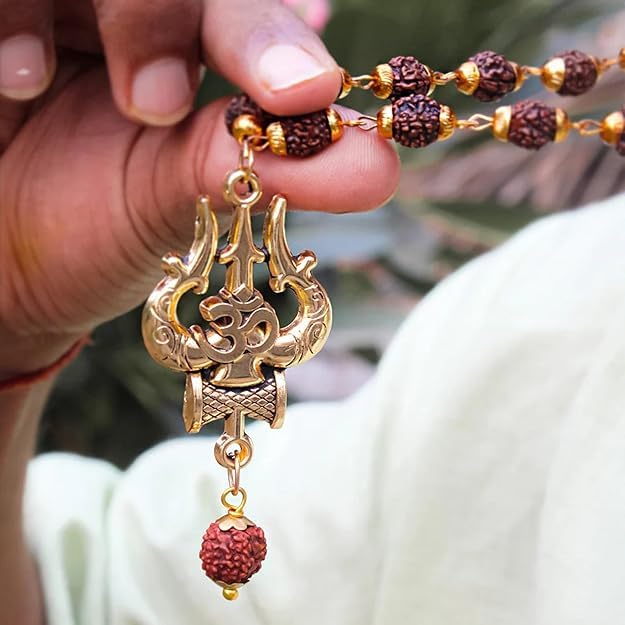 Divine Hindu Shiva Trishul Pendant Necklace 36 Rudraksha Beads & Tiger’s Eye Buddha Bracelet | Meditation, Protection, Energy, Gifting | For Men & Women - Image 2