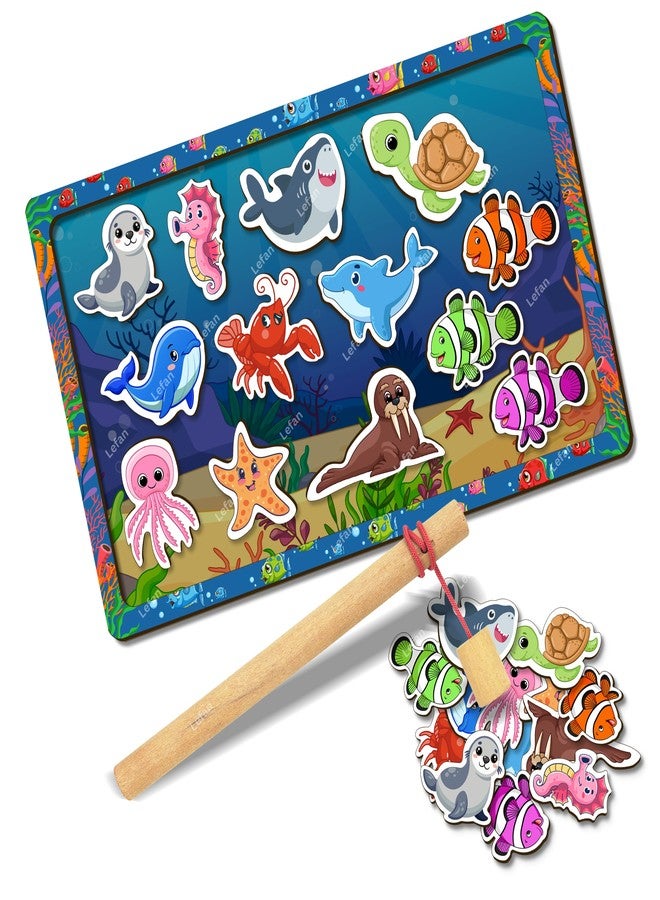 Lefan Wooden Magnetic Fishing Game for Kids Montessori Toddler Toy with 1 Magnetic Rod and Assorted Wooden Fish Fine Motor Skill Development Toy for Boys & Girls Ages 3 4 5 6 7+ - Image 1