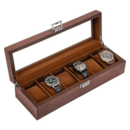 ProCase Wooden Watch Box for Men 6 Slot Watch Display Case Mens Watch Box Organizer Wood Watch Case for Men Watch Storage Watch Holder Organizer with Glass Lid 6 Slot Espresso - Image 1