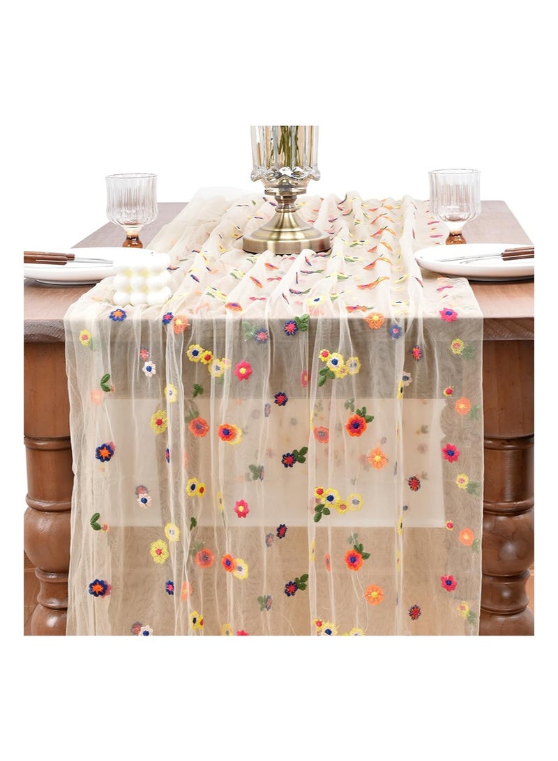 إزدنك مفرش طاولة مستطيل الشكل مطرز بنقشة زهور الأقحوان الخريفية، مقاس 75 سم × 300 سم، مفرش طاولة من التول الموسمي المزهر، مناسب لطاولة المطبخ والحفلات المنزلية الداخلية (بيج) - Image 2