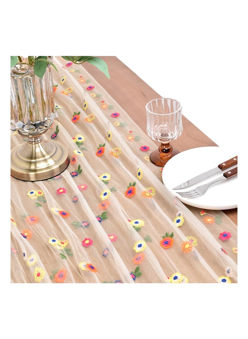 إزدنك مفرش طاولة مستطيل الشكل مطرز بنقشة زهور الأقحوان الخريفية، مقاس 75 سم × 300 سم، مفرش طاولة من التول الموسمي المزهر، مناسب لطاولة المطبخ والحفلات المنزلية الداخلية (بيج) - Image 4