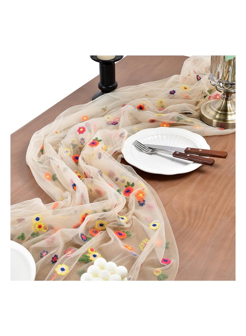 إزدنك مفرش طاولة مستطيل الشكل مطرز بنقشة زهور الأقحوان الخريفية، مقاس 75 سم × 300 سم، مفرش طاولة من التول الموسمي المزهر، مناسب لطاولة المطبخ والحفلات المنزلية الداخلية (بيج) - Image 3
