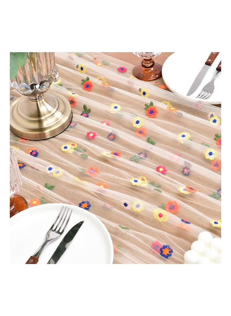 إزدنك مفرش طاولة مستطيل الشكل مطرز بنقشة زهور الأقحوان الخريفية، مقاس 75 سم × 300 سم، مفرش طاولة من التول الموسمي المزهر، مناسب لطاولة المطبخ والحفلات المنزلية الداخلية (بيج) - Image 5