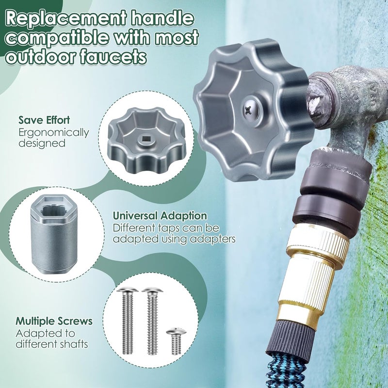 Dreyoo 2 Pack Outdoor Faucet Handle, Water Spigot Handle Compatible with Danco 10006 Hose Bib, with Adapter and Screws for 8 &12 Point Round Broach, 0.26", 0.28", 0.31"&0.38" Square Broach, Silver - Image 3