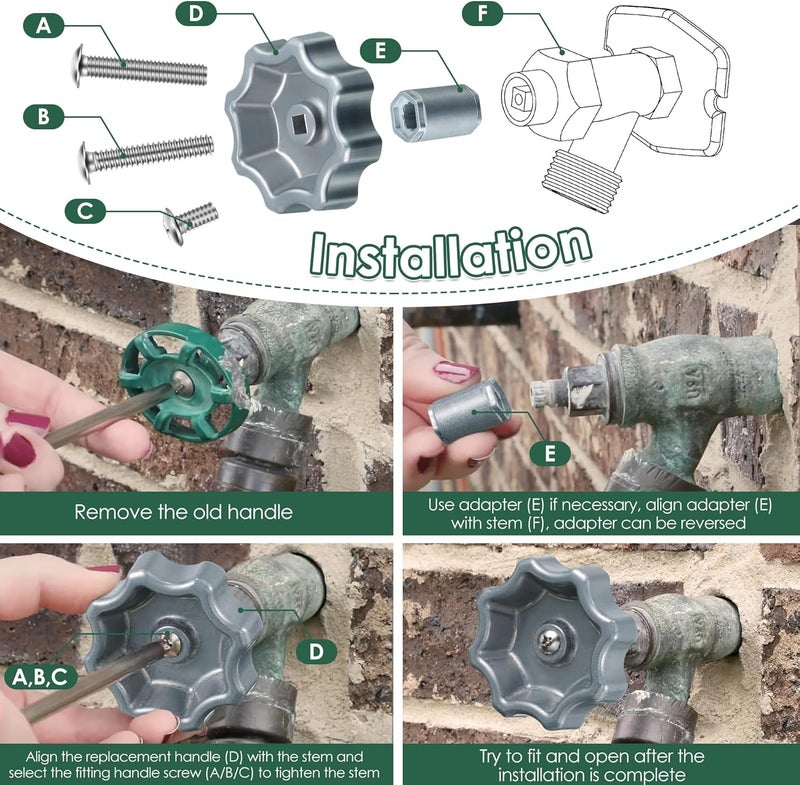 Dreyoo 2 Pack Outdoor Faucet Handle, Water Spigot Handle Compatible with Danco 10006 Hose Bib, with Adapter and Screws for 8 &12 Point Round Broach, 0.26", 0.28", 0.31"&0.38" Square Broach, Silver - Image 5