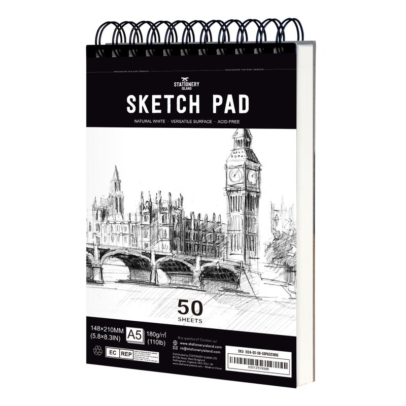 دفتر رسم STATIONERY ISLAND A5 180 جرام ورق سميك 100 صفحة 50 ورقة مجلدة حلزونية 1 عبوة