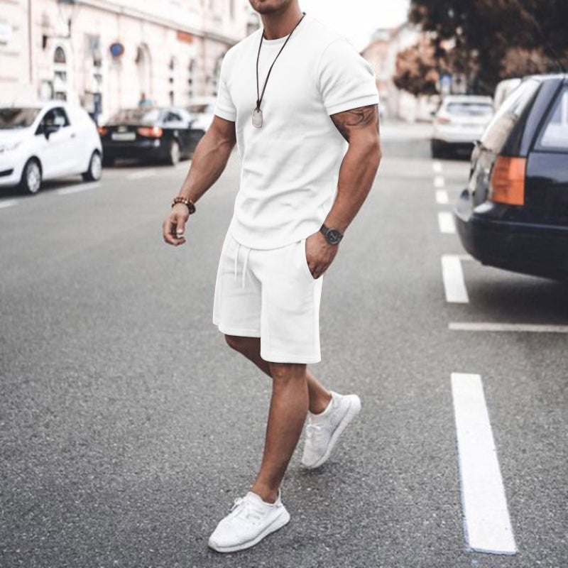 2022 new ebay hot style men's summer short-sleeved shorts suit sports casual suit men's clothing red L - Image 3