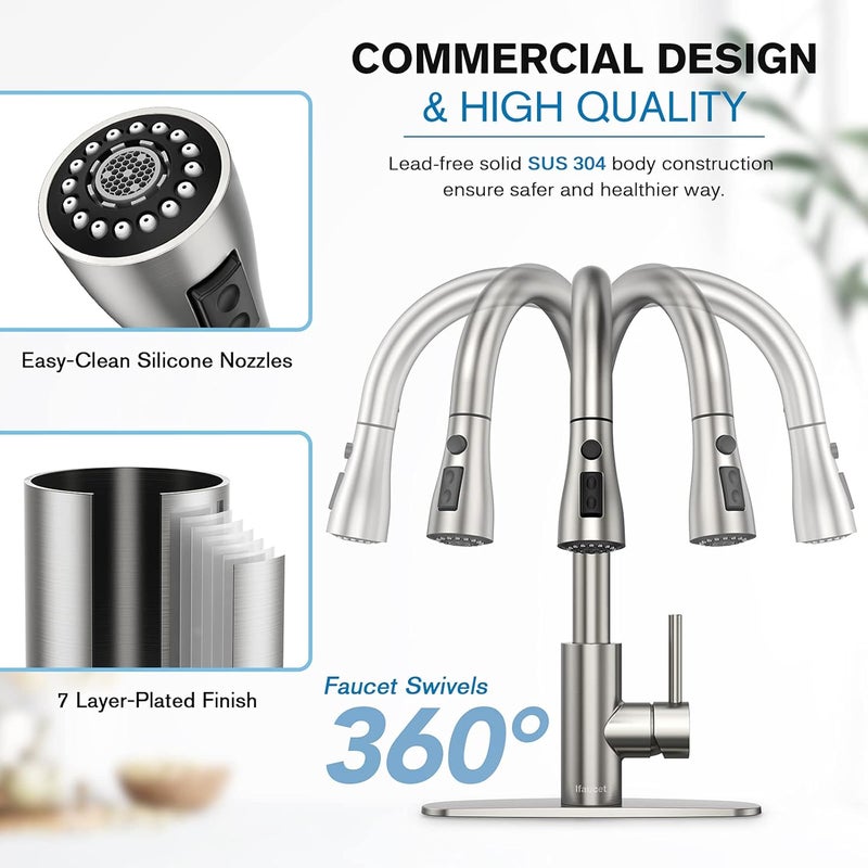 Ifaucet Kitchen Faucets, Kitchen Faucet with Pull Down Sprayer, High Arc Single Handle Kitchen Sink Faucet with Water Lines, Brushed Nickel Kitchen Faucet with Sprayer, RV Sink faucets - Image 5