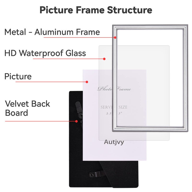 Autjvy 5x7 Picture Frame Set of 2, Silver Brushed Modern Simple Thin Aluminum Metal Photo Frame with HD Real Glass, Display for Tabletop and Wall Collage, 2 Pack - Image 3