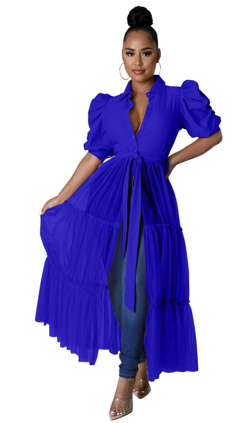 Ekaliy Womenâ€™s Plus Size Casual Tunic Tops Blouses Mesh See Through Shirts Dresses with Belt Club Party Outfit XXL RoyalBlue - Image 4