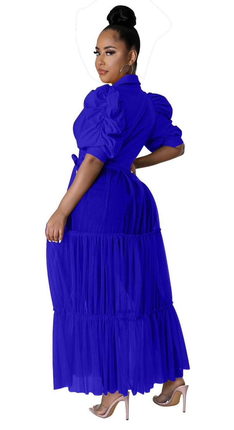 Ekaliy Womenâ€™s Plus Size Casual Tunic Tops Blouses Mesh See Through Shirts Dresses with Belt Club Party Outfit XXL RoyalBlue - Image 2