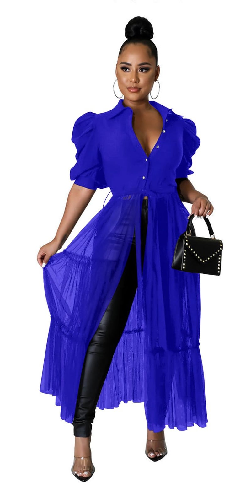 Ekaliy Womenâ€™s Plus Size Casual Tunic Tops Blouses Mesh See Through Shirts Dresses with Belt Club Party Outfit XXL RoyalBlue - Image 1
