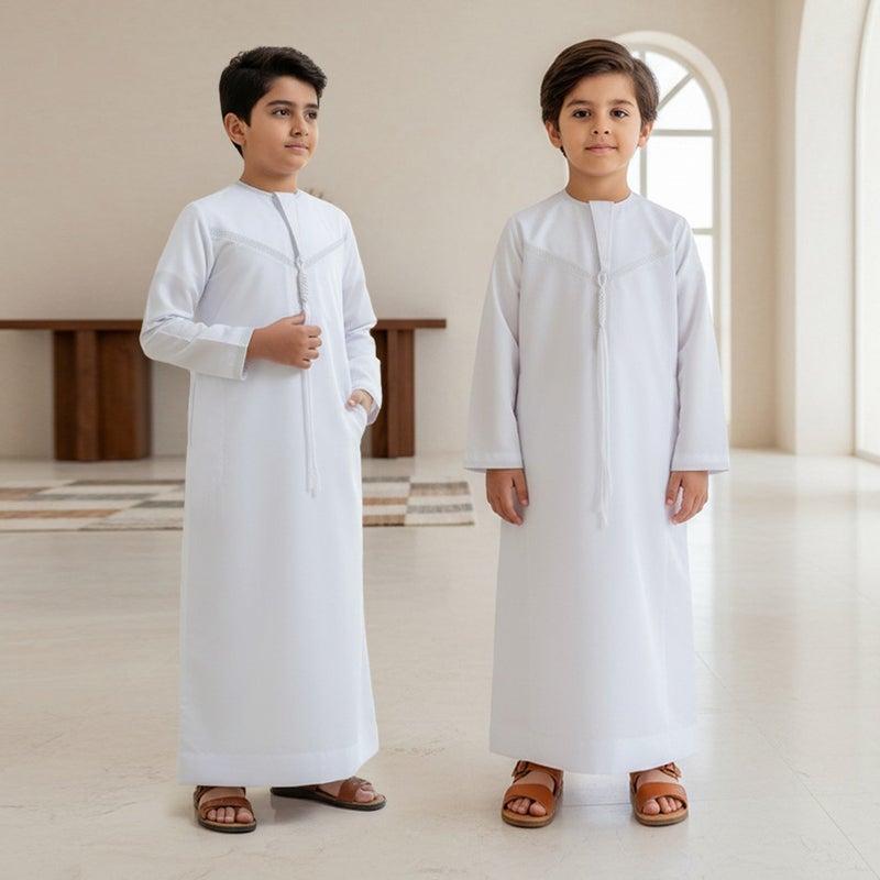 ثوب تقليدي للأطفال - أبيض، فضفاض، أكمام طويلة - Image 1