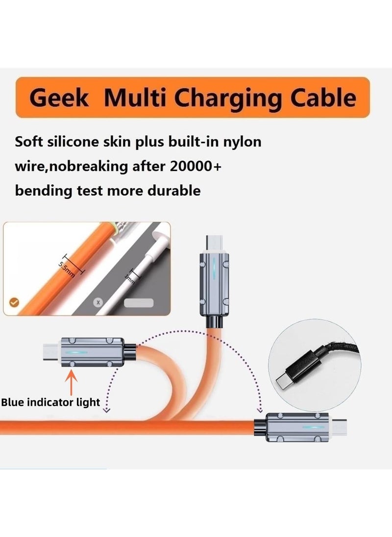 GUDOO - Here's the translation in Arabic:  "كابل شحن متعدد 5 في 1 USB A/C بطول 4.4 قدم من السلك الثقيل مصنوع من السبائك الزنكية والسيليكون الناعم متوافق مع جميع الأجهزة للشحن السريع USB A/C باللون البرتقالي" - Image 1