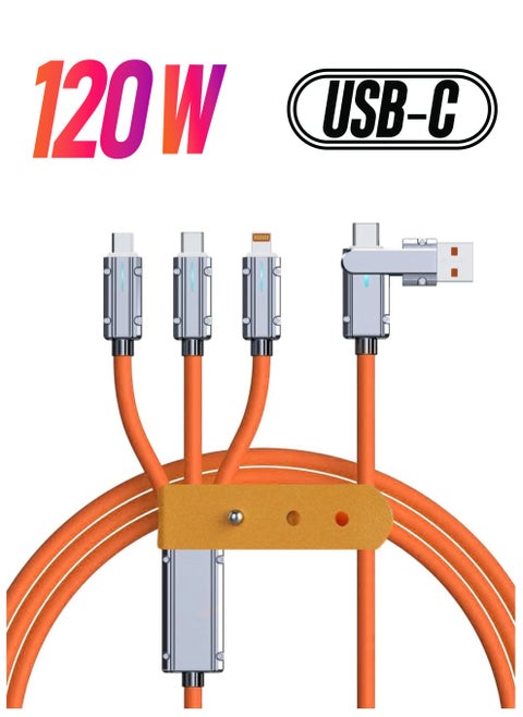 Here's the translation in Arabic:  "كابل شحن متعدد 5 في 1 USB A/C بطول 4.4 قدم من السلك الثقيل مصنوع من السبائك الزنكية والسيليكون الناعم متوافق مع جميع الأجهزة للشحن السريع USB A/C باللون البرتقالي"