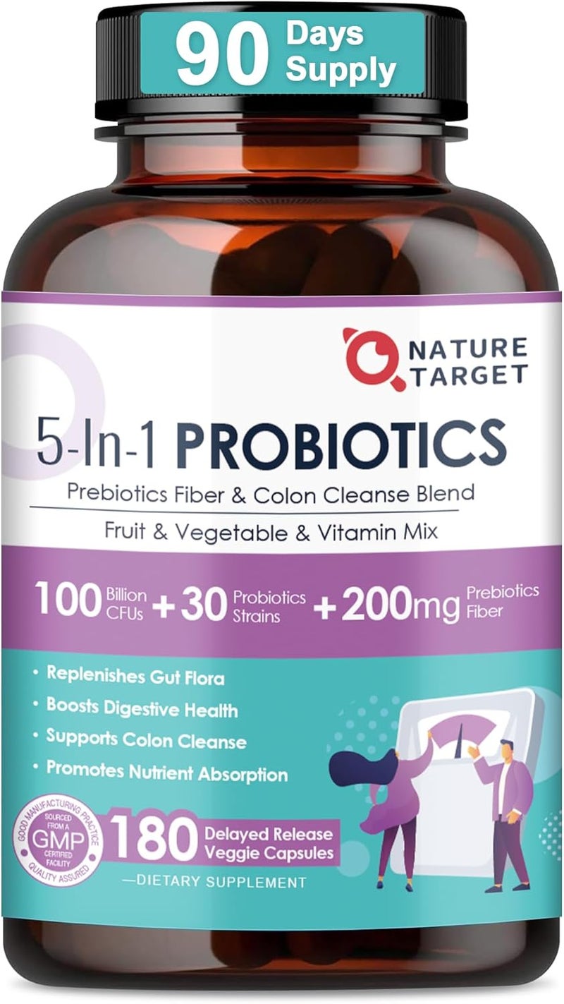 NATURE TARGET Probiotics for WomenMen Digestive Health MensWomens Probiotic with Prebiotics 100 Billion CFUs for Gut and Immune Health 180 Veggie Capsules 90 Days Supply - Image 1