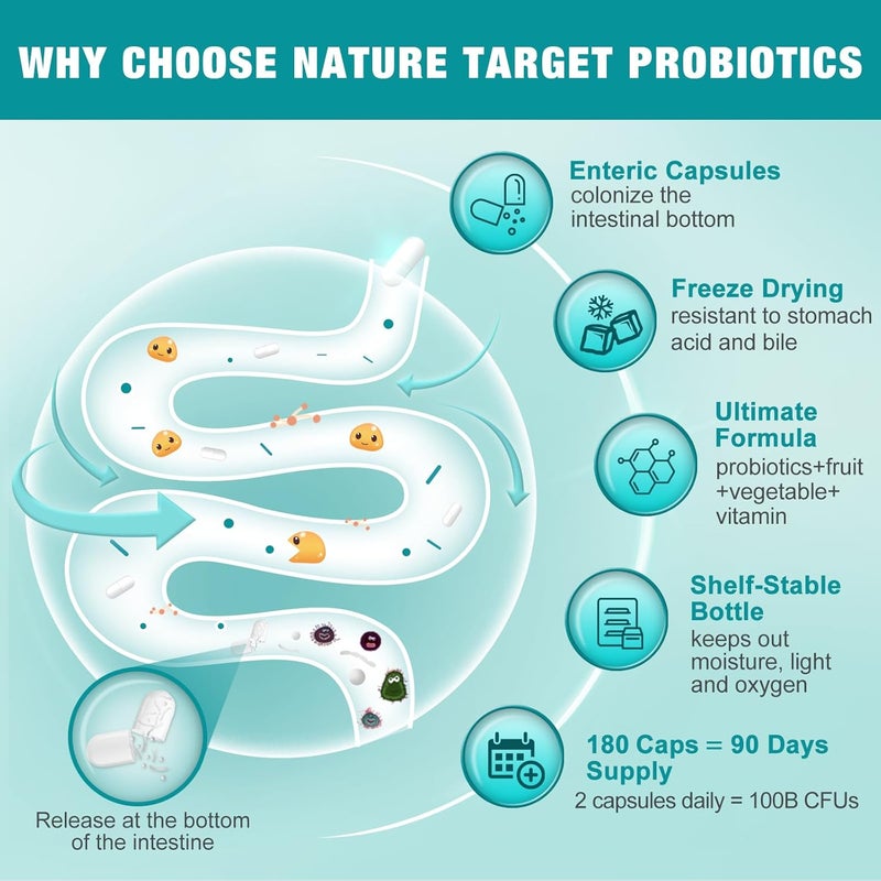 NATURE TARGET Probiotics for WomenMen Digestive Health MensWomens Probiotic with Prebiotics 100 Billion CFUs for Gut and Immune Health 180 Veggie Capsules 90 Days Supply - Image 3