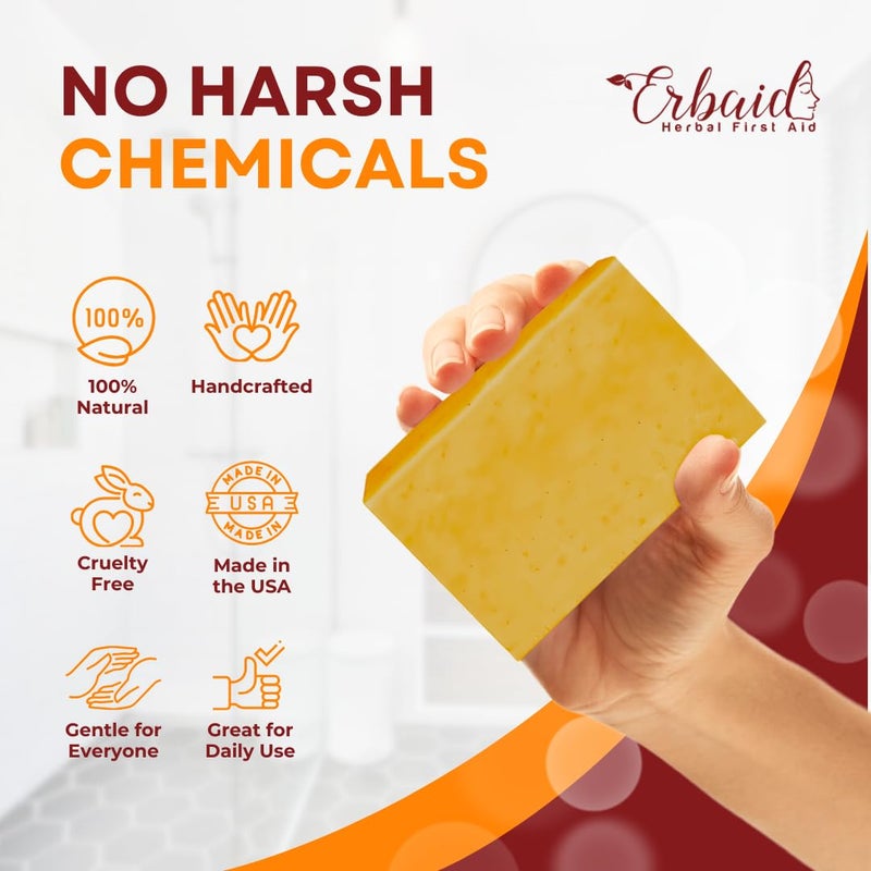 Erbaid Natural Turmeric Soap Bar for Face Body Turmeric Skin Brightening Soap for Dark Spots Intimate Areas Underarms Turmeric Face Wash for Acne 5oz Turmeric Bar Made in USA - Image 5