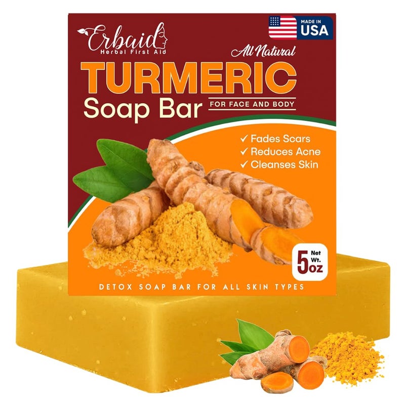 Erbaid Natural Turmeric Soap Bar for Face Body Turmeric Skin Brightening Soap for Dark Spots Intimate Areas Underarms Turmeric Face Wash for Acne 5oz Turmeric Bar Made in USA - Image 1